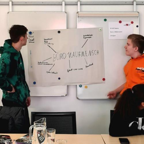 Schülergruppe beim Erarbeiten eines Plakates