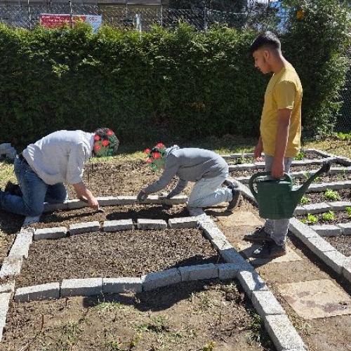 Schüler bei der Gartenarbeit