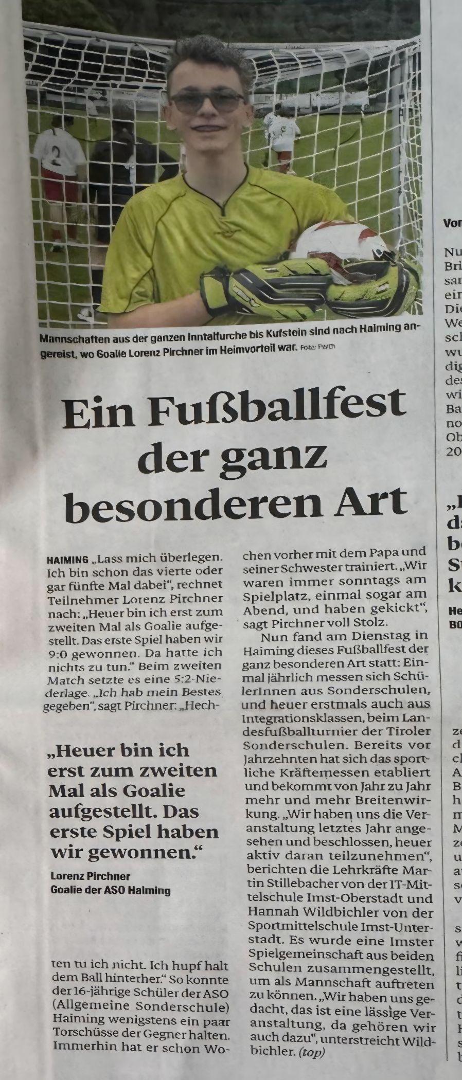 Zeitungsbericht über das Fußballturnier